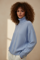 Model with Light Blue Cable Knit Sweater